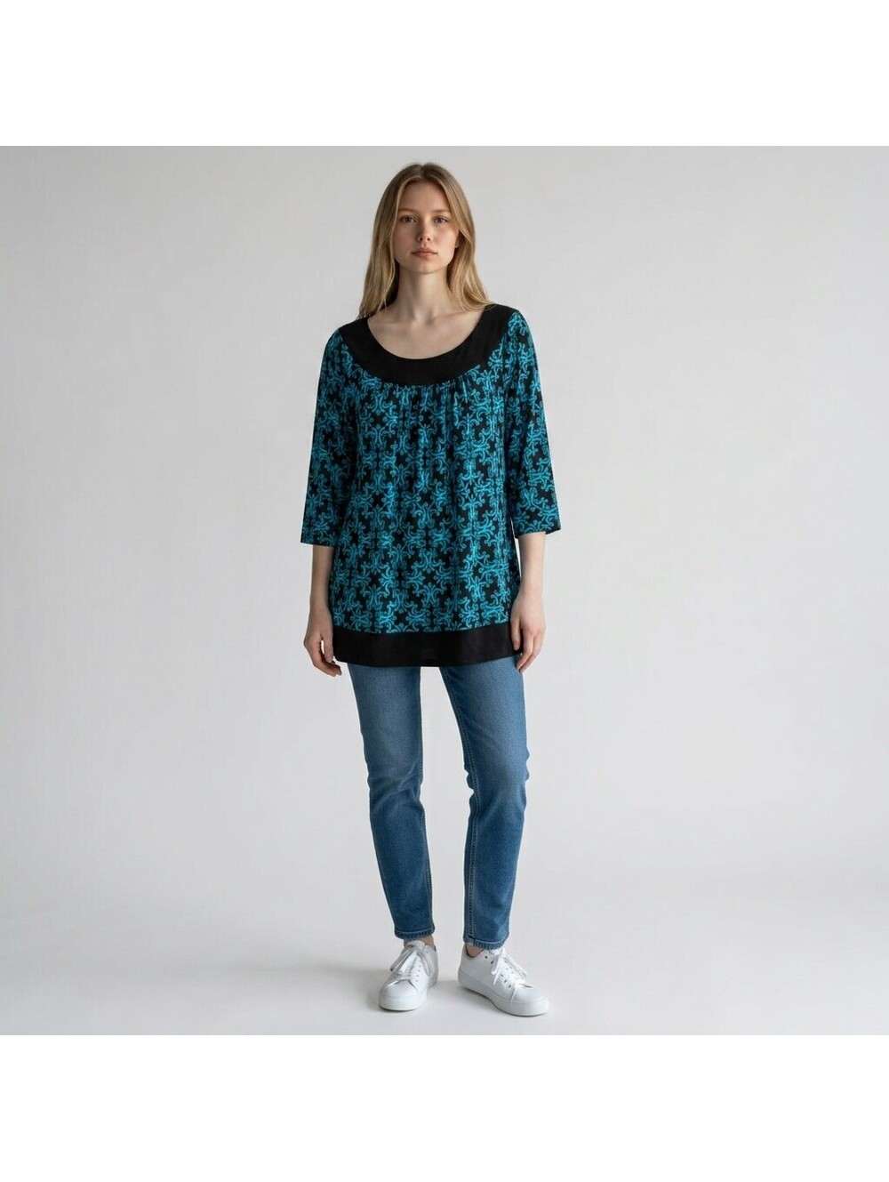 Unbranded Tunic Top Women M Medium Black Geometric 3/4 Sleeve Stretch Casual